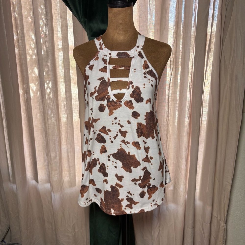 BiBi White Tank with Brown Cow-Print Cutout Halter